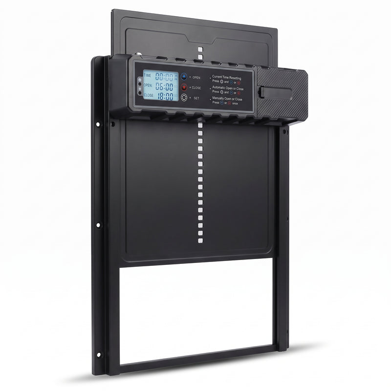 ChookGate automatic coop door, black aluminium, door panel raised open