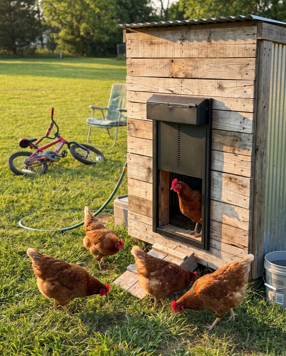 Customer photo of the ChookGate door on their coop