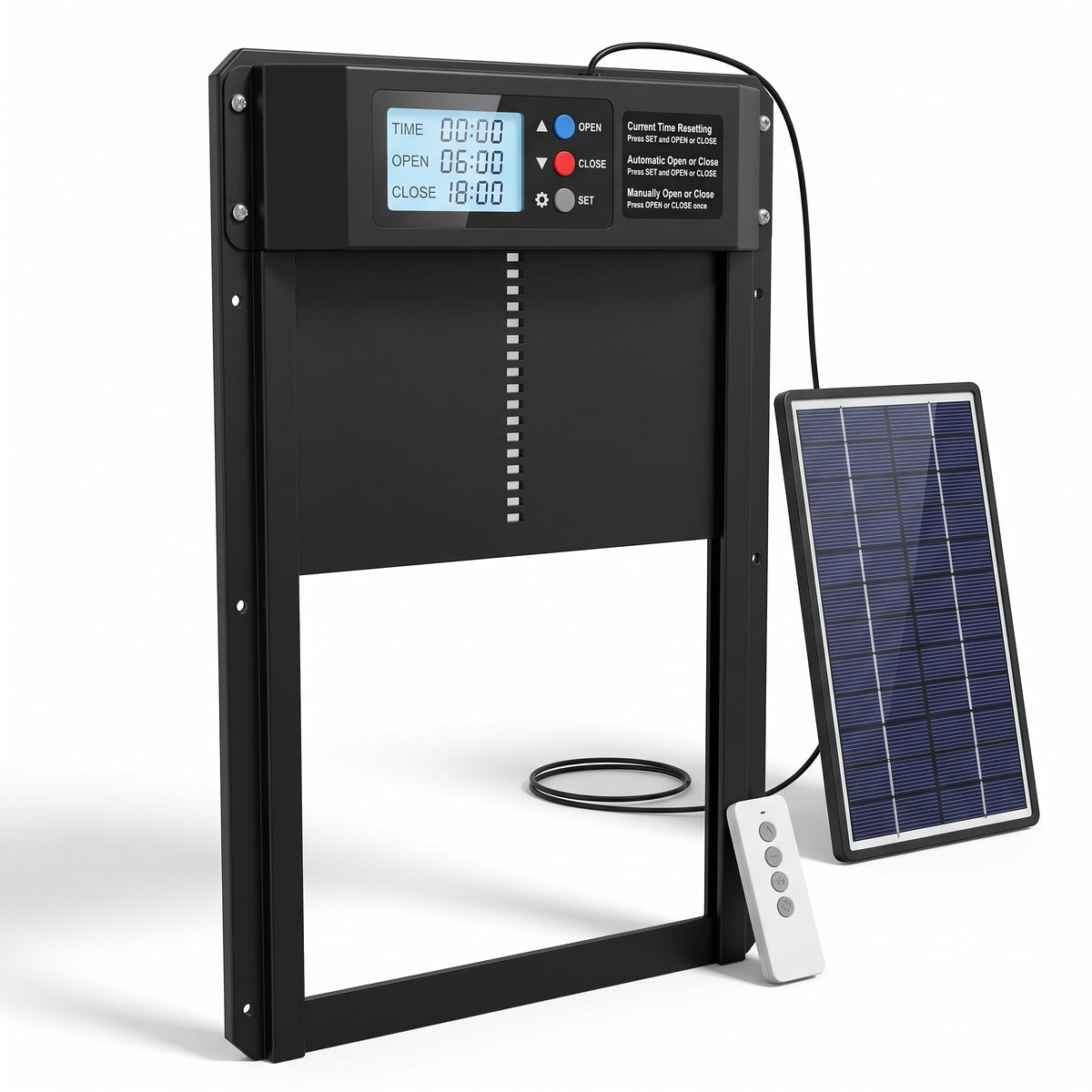 ChookGate Solar Coop Door with solar panel and remote, door raised open