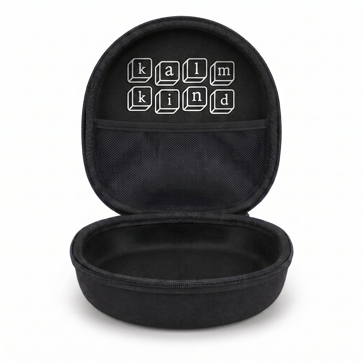 kalmkind ear defenders carry case, open and empty, showing the branded interior and mesh pocket
