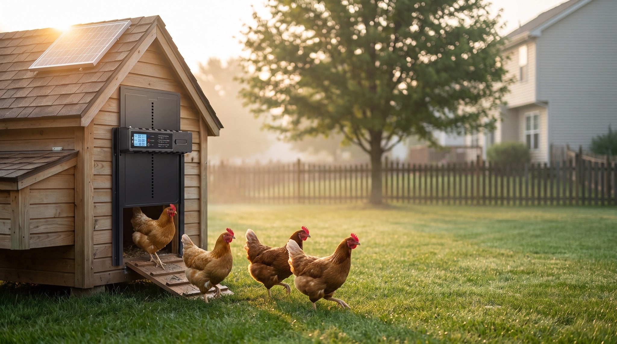 Hens leaving the coop at sunrise through the open ChookGate door